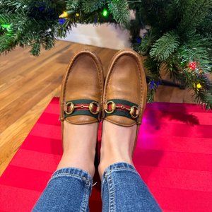 Vintage Gucci Horsebit Tan Leather Classic Red Green Stripe Loafer 37